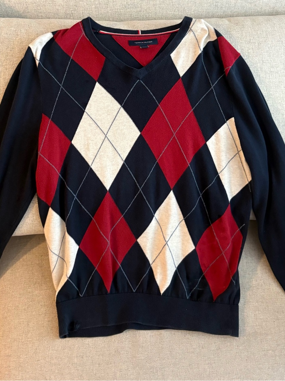 Tommy Hilfiger Men’s V-Neck Argyle Sweater - Navy, Red, Cream